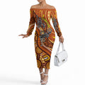 Australia Fathers Day Off The Shoulder Long Sleeve Dress Aboriginal Dot Art - Kangaroo And Lizard