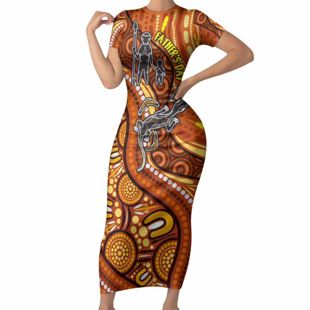 Australia Fathers Day Short Sleeve Bodycon Dress Aboriginal Dot Art - Kangaroo And Lizard