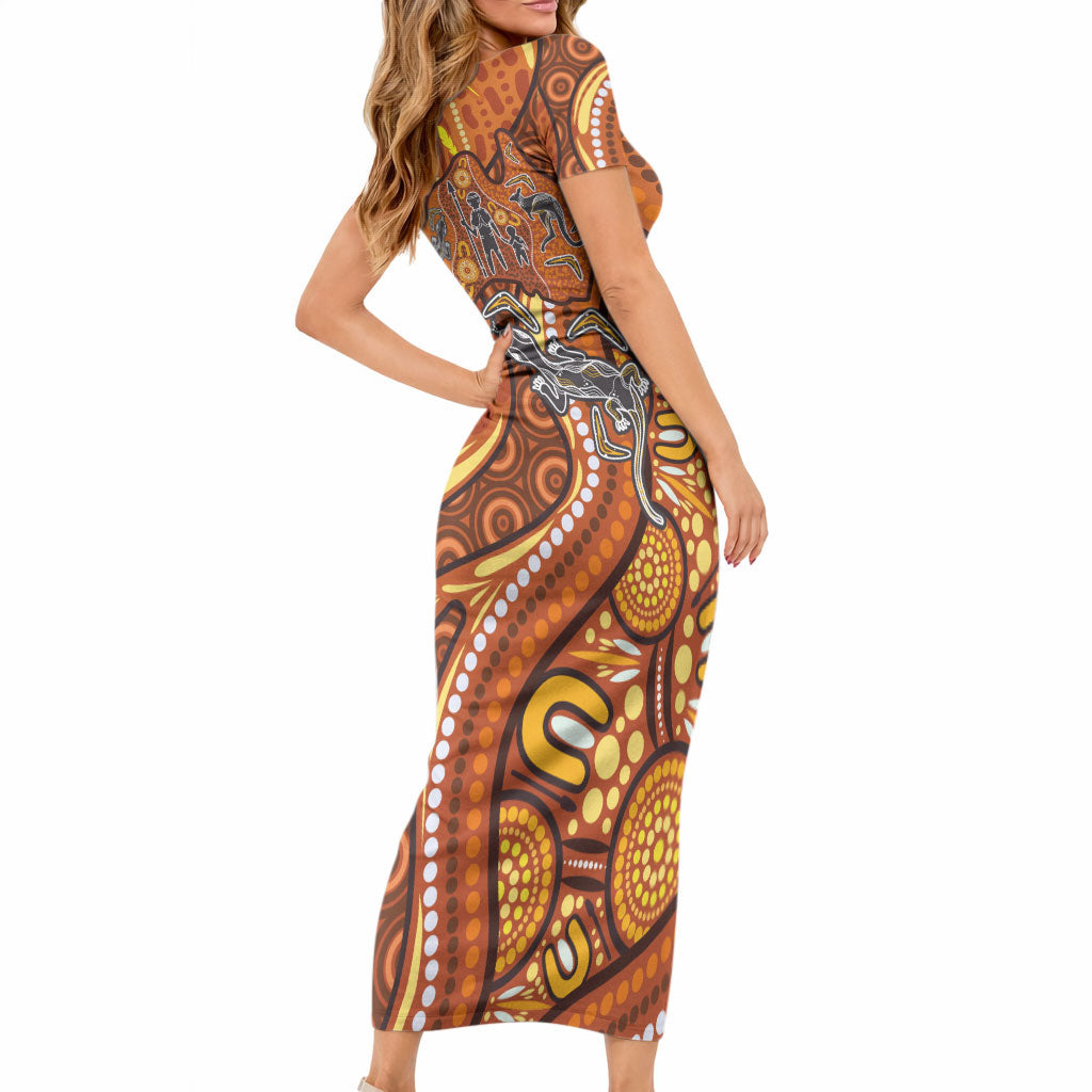 Australia Fathers Day Short Sleeve Bodycon Dress Aboriginal Dot Art - Kangaroo And Lizard