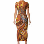 Australia Fathers Day Short Sleeve Bodycon Dress Aboriginal Dot Art - Kangaroo And Lizard