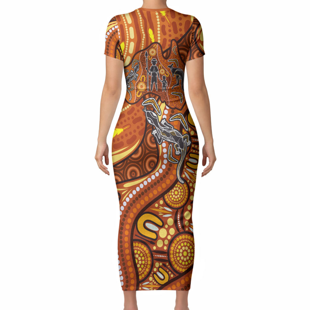 Australia Fathers Day Short Sleeve Bodycon Dress Aboriginal Dot Art - Kangaroo And Lizard