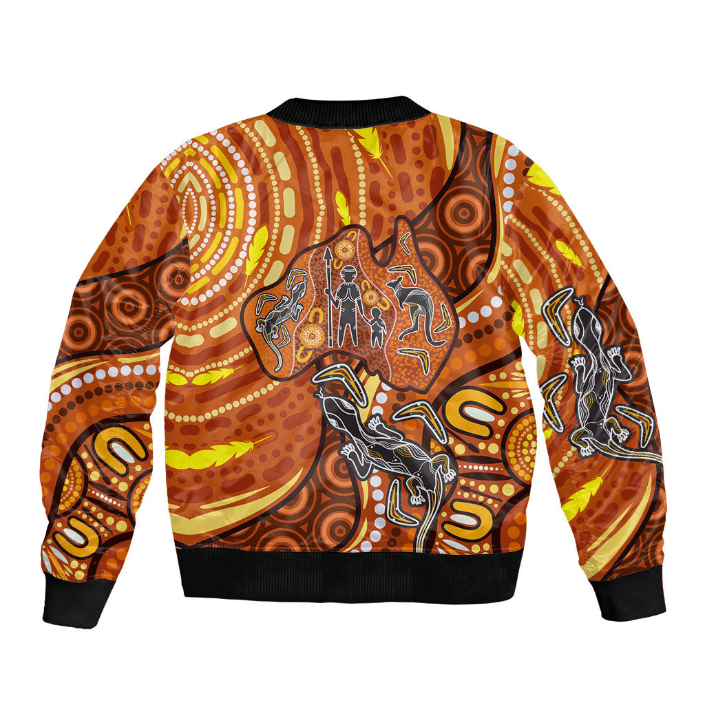 Australia Fathers Day Sleeve Zip Bomber Jacket Aboriginal Dot Art - Kangaroo And Lizard
