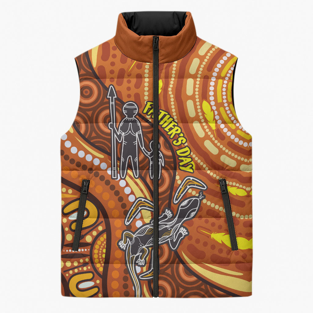 Australia Fathers Day Sleeveless Puffer Jacket Aboriginal Dot Art - Kangaroo And Lizard