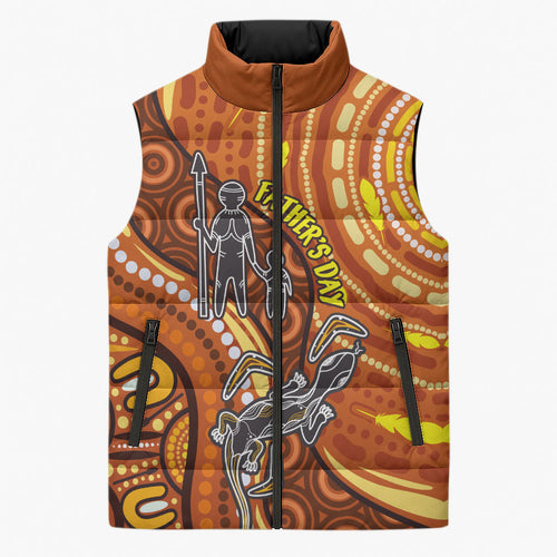Australia Fathers Day Sleeveless Puffer Jacket Aboriginal Dot Art - Kangaroo And Lizard