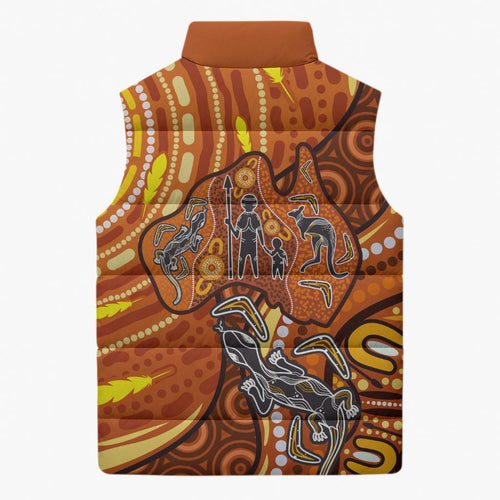 Australia Fathers Day Sleeveless Puffer Jacket Aboriginal Dot Art - Kangaroo And Lizard