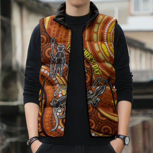 Australia Fathers Day Sleeveless Puffer Jacket Aboriginal Dot Art - Kangaroo And Lizard