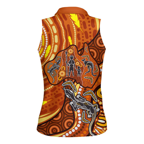 Australia Fathers Day Women Sleeveless Polo Shirt Aboriginal Dot Art - Kangaroo And Lizard