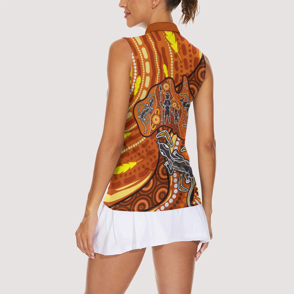 Australia Fathers Day Women Sleeveless Polo Shirt Aboriginal Dot Art - Kangaroo And Lizard
