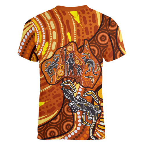 Australia Fathers Day Women V-Neck T-Shirt Aboriginal Dot Art - Kangaroo And Lizard
