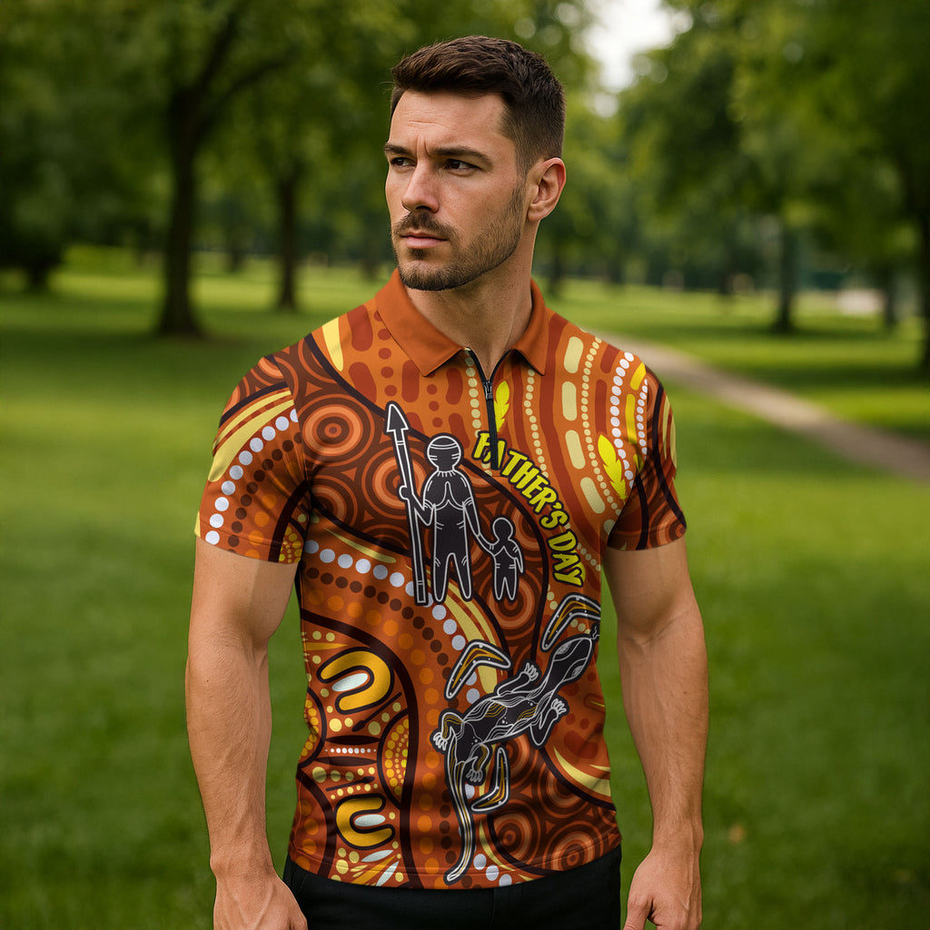 Australia Fathers Day Zipper Polo Shirt Aboriginal Dot Art - Kangaroo And Lizard