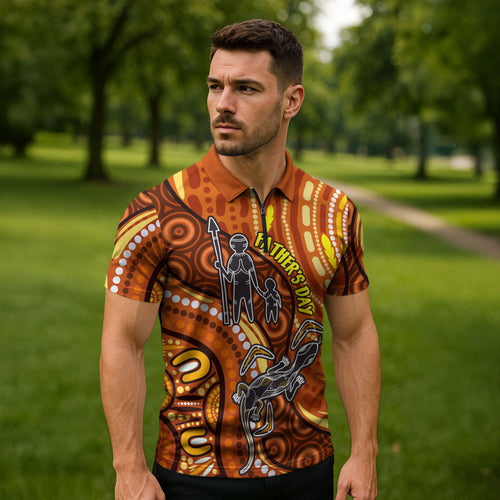 Australia Fathers Day Zipper Polo Shirt Aboriginal Dot Art - Kangaroo And Lizard