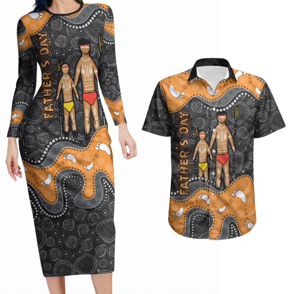 Australia Aboriginal Fathers Day Couples Matching Long Sleeve Bodycon Dress and Hawaiian Shirt Indigenous Dot Art - Family Footprint