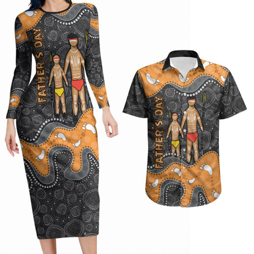 Australia Aboriginal Fathers Day Couples Matching Long Sleeve Bodycon Dress and Hawaiian Shirt Indigenous Dot Art - Family Footprint