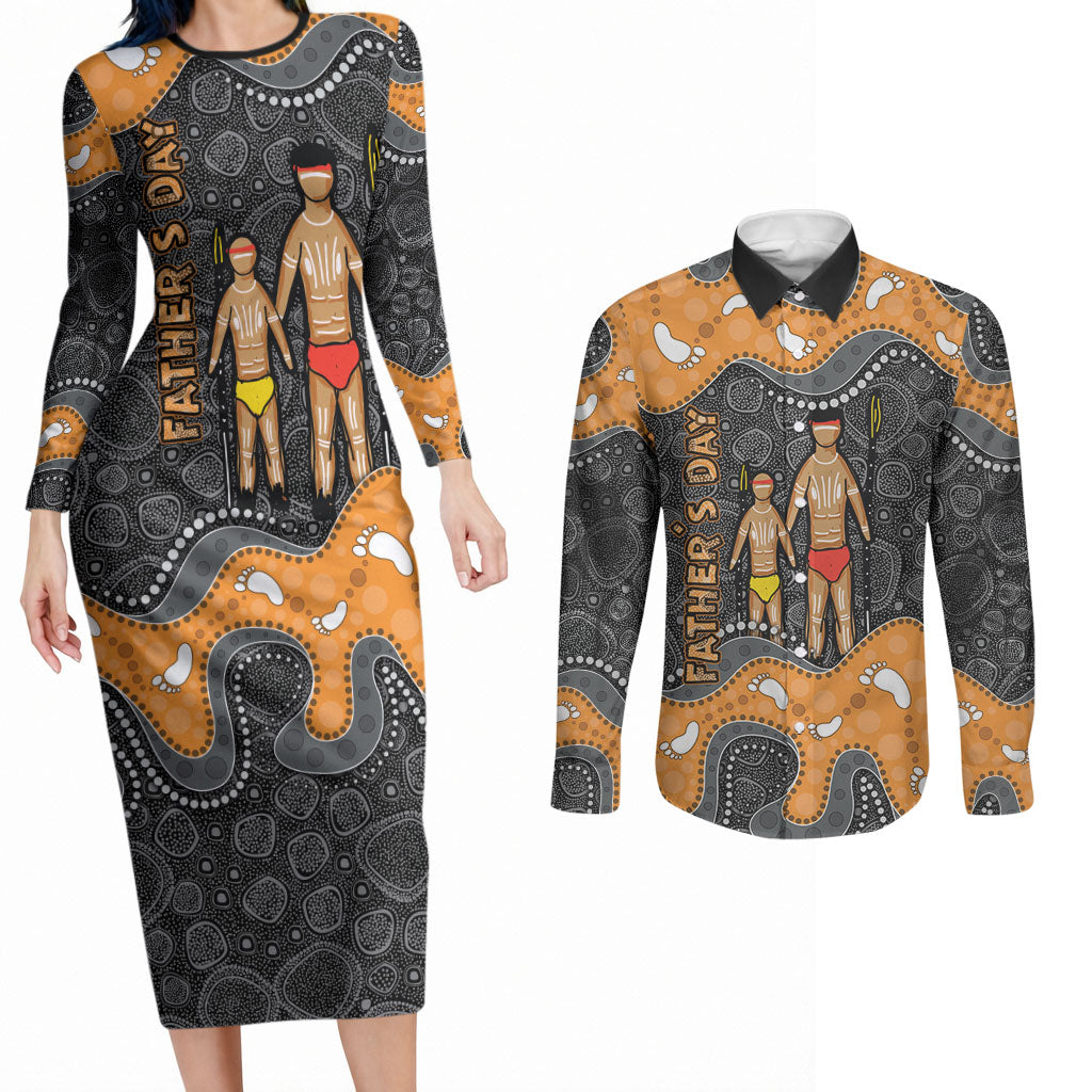Australia Aboriginal Fathers Day Couples Matching Long Sleeve Bodycon Dress and Long Sleeve Button Shirt Indigenous Dot Art - Family Footprint
