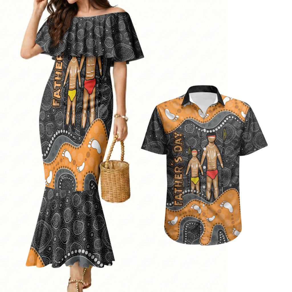 Australia Aboriginal Fathers Day Couples Matching Mermaid Dress and Hawaiian Shirt Indigenous Dot Art - Family Footprint