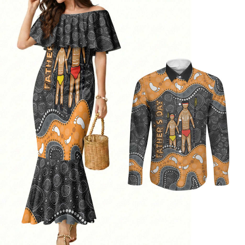 Australia Aboriginal Fathers Day Couples Matching Mermaid Dress and Long Sleeve Button Shirt Indigenous Dot Art - Family Footprint
