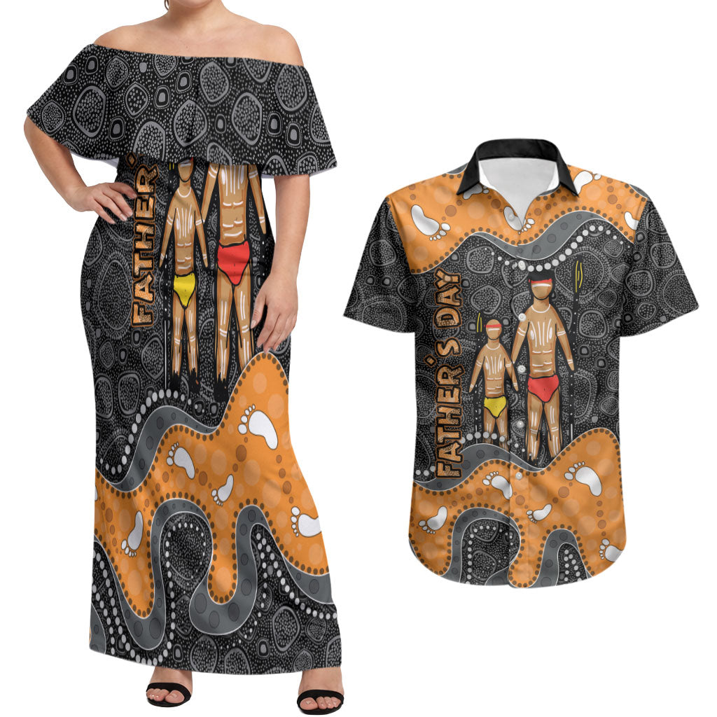 Australia Aboriginal Fathers Day Couples Matching Off Shoulder Maxi Dress and Hawaiian Shirt Indigenous Dot Art - Family Footprint