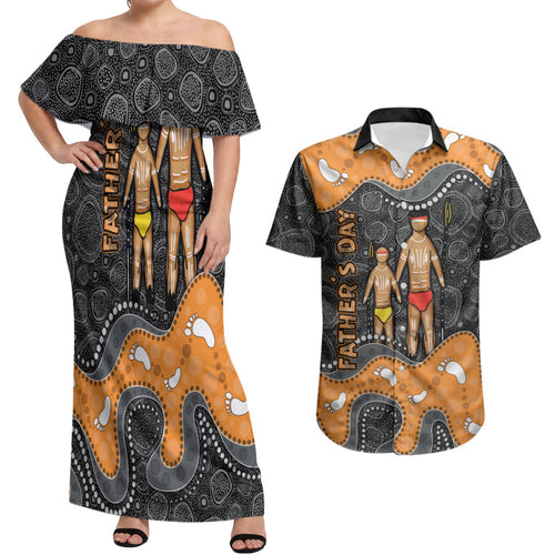 Australia Aboriginal Fathers Day Couples Matching Off Shoulder Maxi Dress and Hawaiian Shirt Indigenous Dot Art - Family Footprint