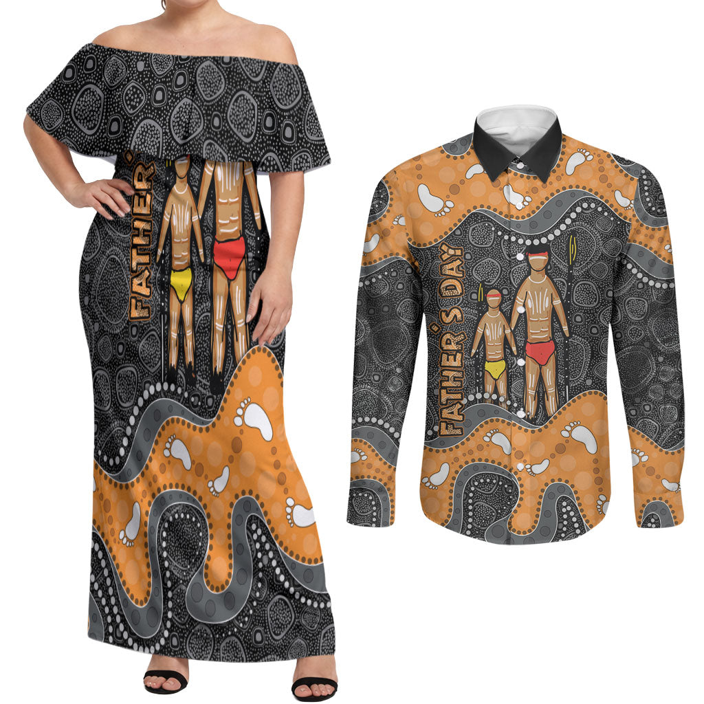 Australia Aboriginal Fathers Day Couples Matching Off Shoulder Maxi Dress and Long Sleeve Button Shirt Indigenous Dot Art - Family Footprint