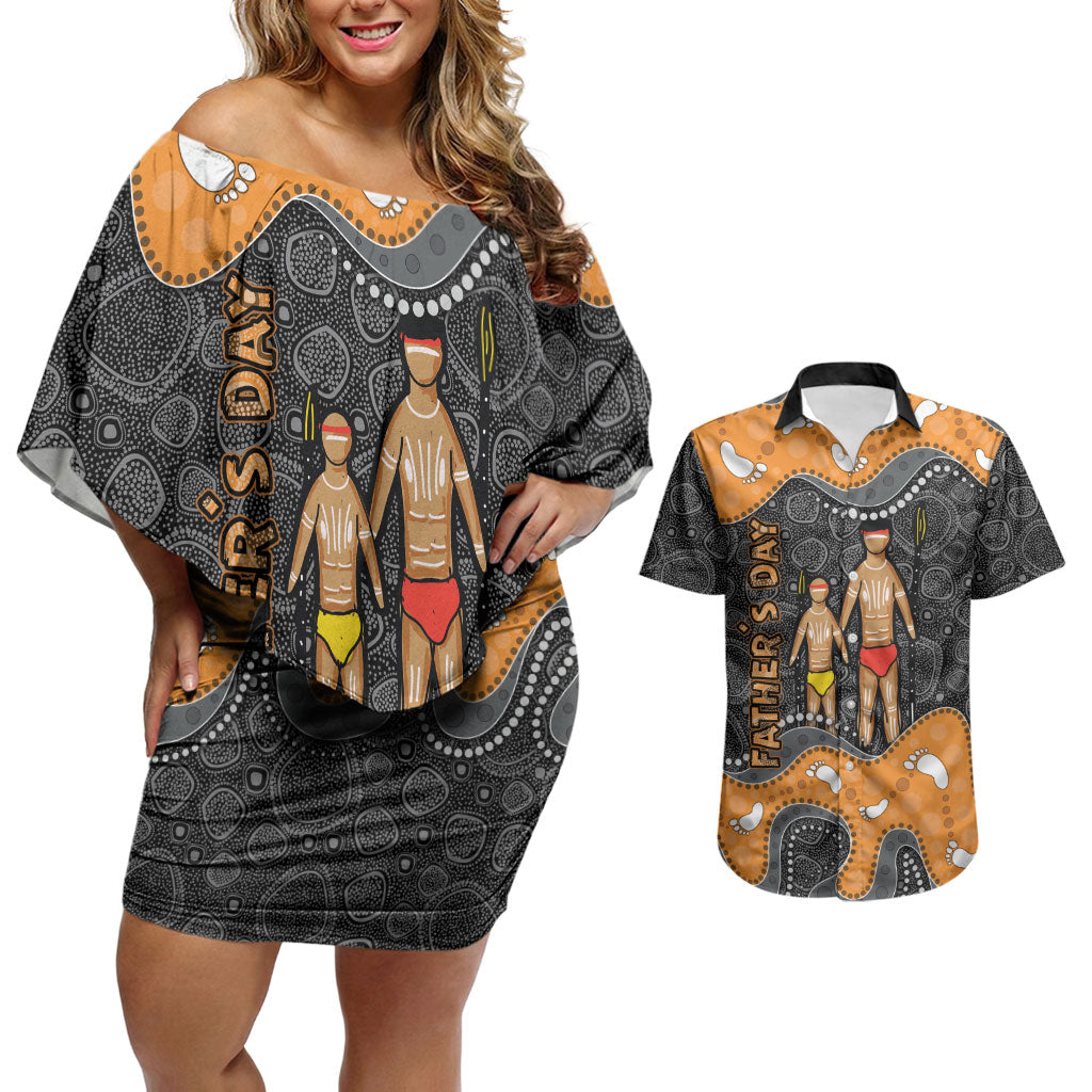 Australia Aboriginal Fathers Day Couples Matching Off Shoulder Short Dress and Hawaiian Shirt Indigenous Dot Art - Family Footprint