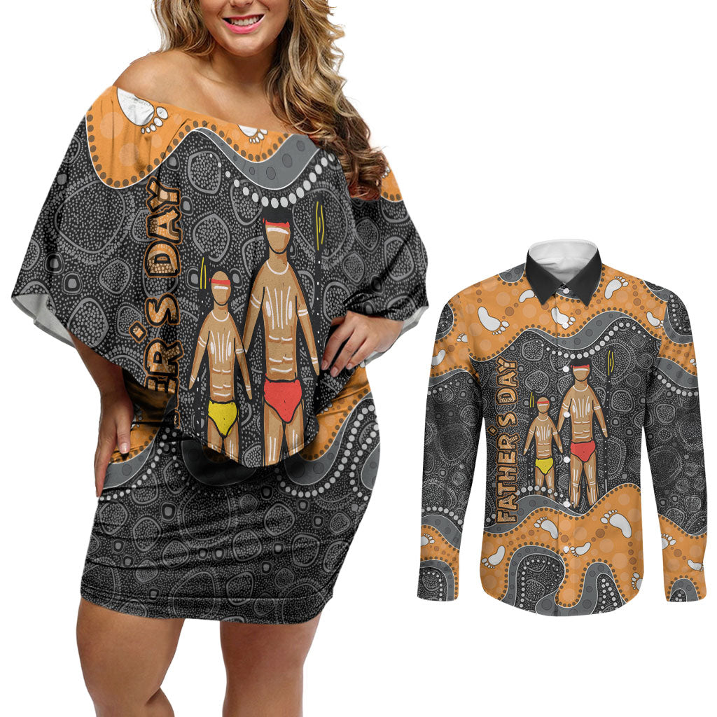 Australia Aboriginal Fathers Day Couples Matching Off Shoulder Short Dress and Long Sleeve Button Shirt Indigenous Dot Art - Family Footprint