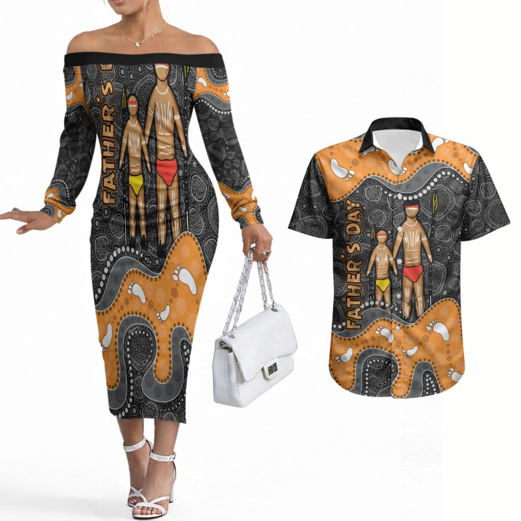 Australia Aboriginal Fathers Day Couples Matching Off The Shoulder Long Sleeve Dress and Hawaiian Shirt Indigenous Dot Art - Family Footprint