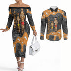 Australia Aboriginal Fathers Day Couples Matching Off The Shoulder Long Sleeve Dress and Long Sleeve Button Shirt Indigenous Dot Art - Family Footprint