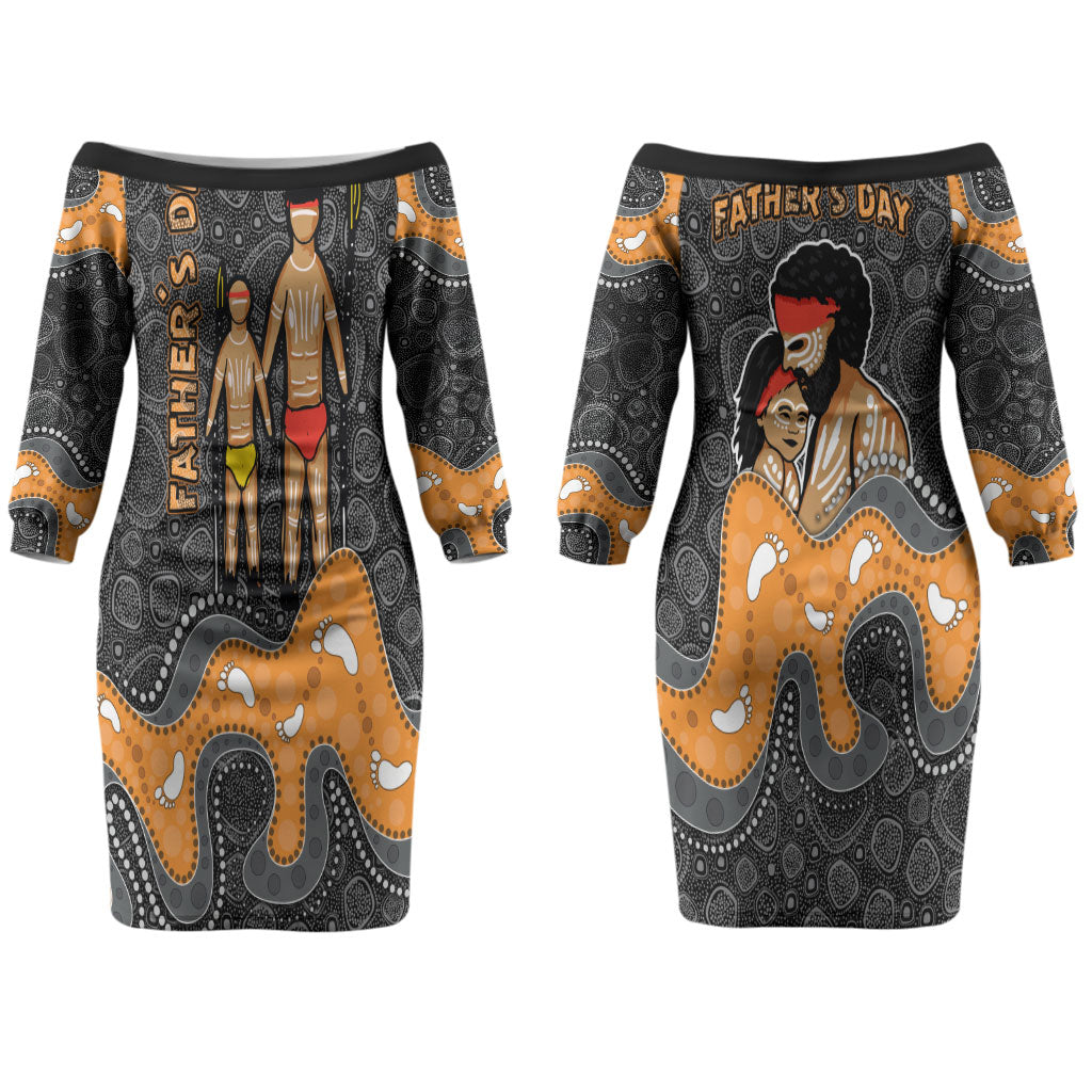 Australia Aboriginal Fathers Day Couples Matching Off The Shoulder Long Sleeve Dress and Long Sleeve Button Shirt Indigenous Dot Art - Family Footprint