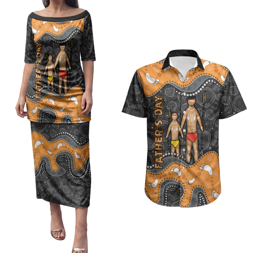 Australia Aboriginal Fathers Day Couples Matching Puletasi and Hawaiian Shirt Indigenous Dot Art - Family Footprint