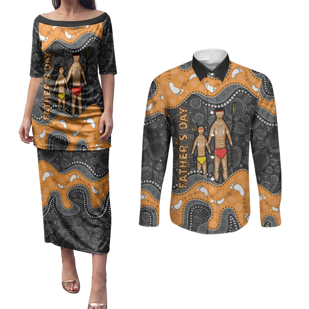 Australia Aboriginal Fathers Day Couples Matching Puletasi and Long Sleeve Button Shirt Indigenous Dot Art - Family Footprint