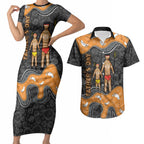 Australia Aboriginal Fathers Day Couples Matching Short Sleeve Bodycon Dress and Hawaiian Shirt Indigenous Dot Art - Family Footprint