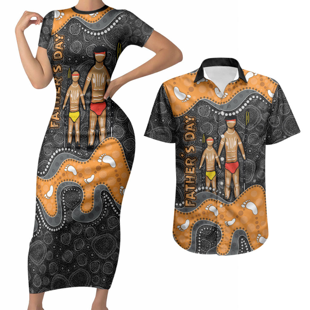 Australia Aboriginal Fathers Day Couples Matching Short Sleeve Bodycon Dress and Hawaiian Shirt Indigenous Dot Art - Family Footprint