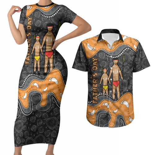 Australia Aboriginal Fathers Day Couples Matching Short Sleeve Bodycon Dress and Hawaiian Shirt Indigenous Dot Art - Family Footprint