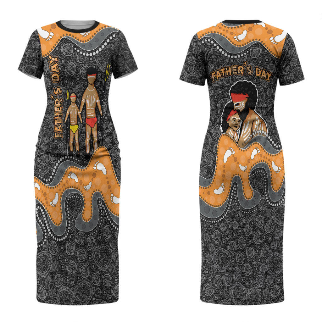Australia Aboriginal Fathers Day Couples Matching Short Sleeve Bodycon Dress and Hawaiian Shirt Indigenous Dot Art - Family Footprint