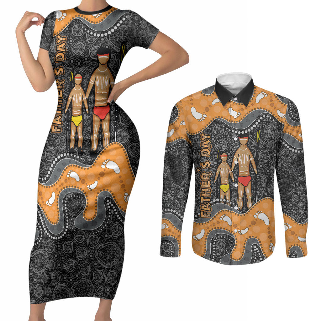 Australia Aboriginal Fathers Day Couples Matching Short Sleeve Bodycon Dress and Long Sleeve Button Shirt Indigenous Dot Art - Family Footprint
