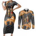 Australia Aboriginal Fathers Day Couples Matching Short Sleeve Bodycon Dress and Long Sleeve Button Shirt Indigenous Dot Art - Family Footprint
