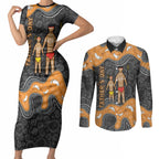 Australia Aboriginal Fathers Day Couples Matching Short Sleeve Bodycon Dress and Long Sleeve Button Shirt Indigenous Dot Art - Family Footprint