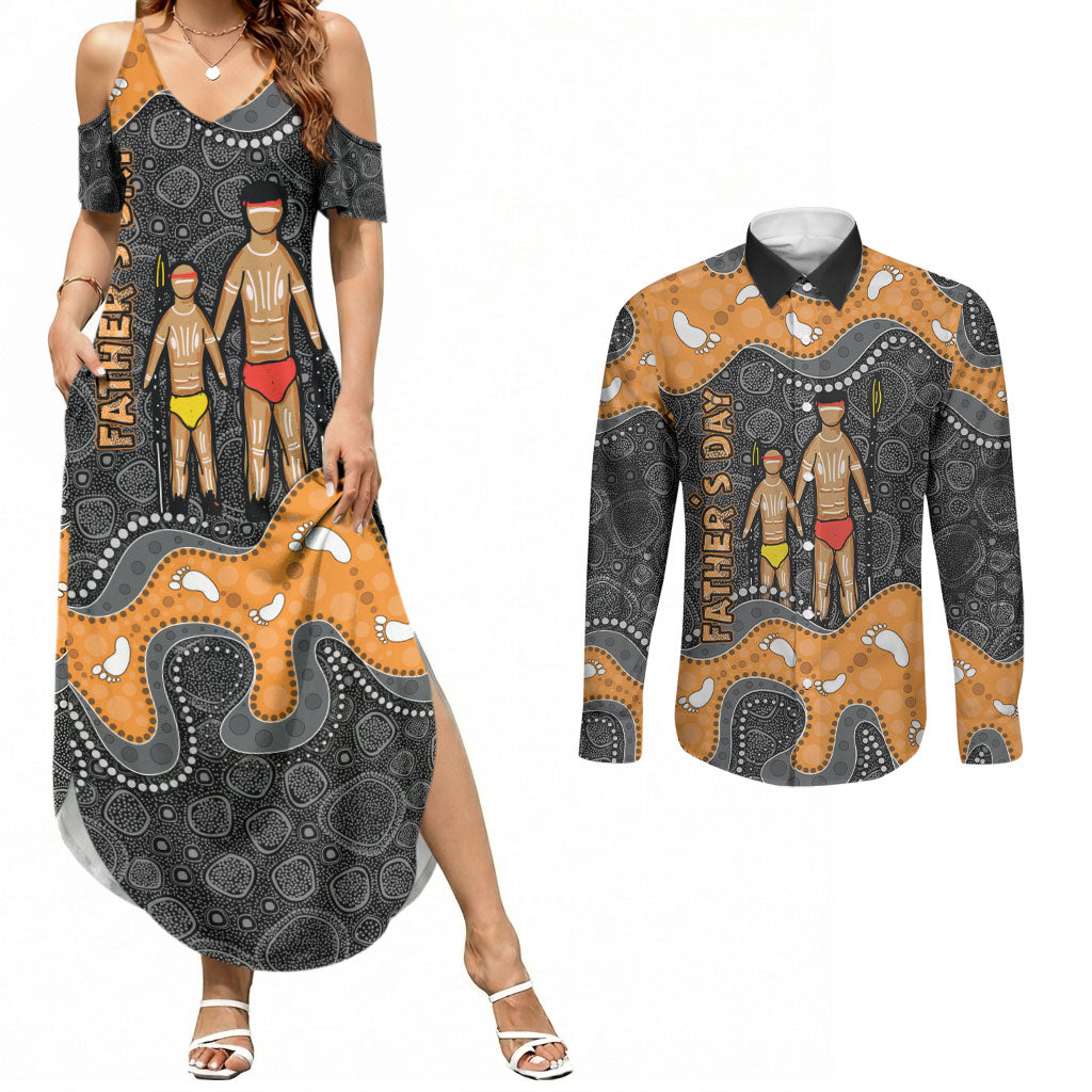 Australia Aboriginal Fathers Day Couples Matching Summer Maxi Dress and Long Sleeve Button Shirt Indigenous Dot Art - Family Footprint