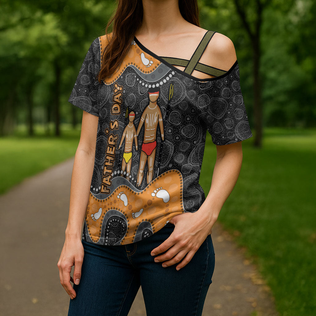 Australia Aboriginal Fathers Day Cross Shoulder Shirt Indigenous Dot Art - Family Footprint