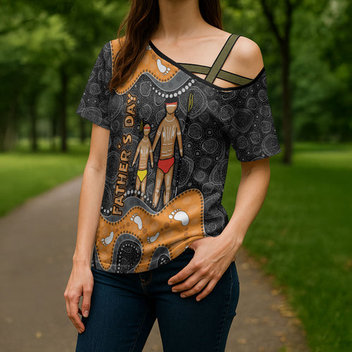 Australia Aboriginal Fathers Day Cross Shoulder Shirt Indigenous Dot Art - Family Footprint