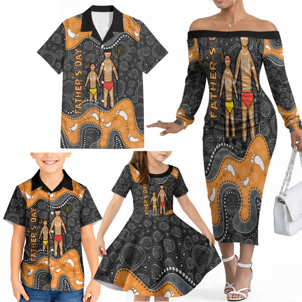 Australia Aboriginal Fathers Day Family Matching Off The Shoulder Long Sleeve Dress and Hawaiian Shirt Indigenous Dot Art - Family Footprint