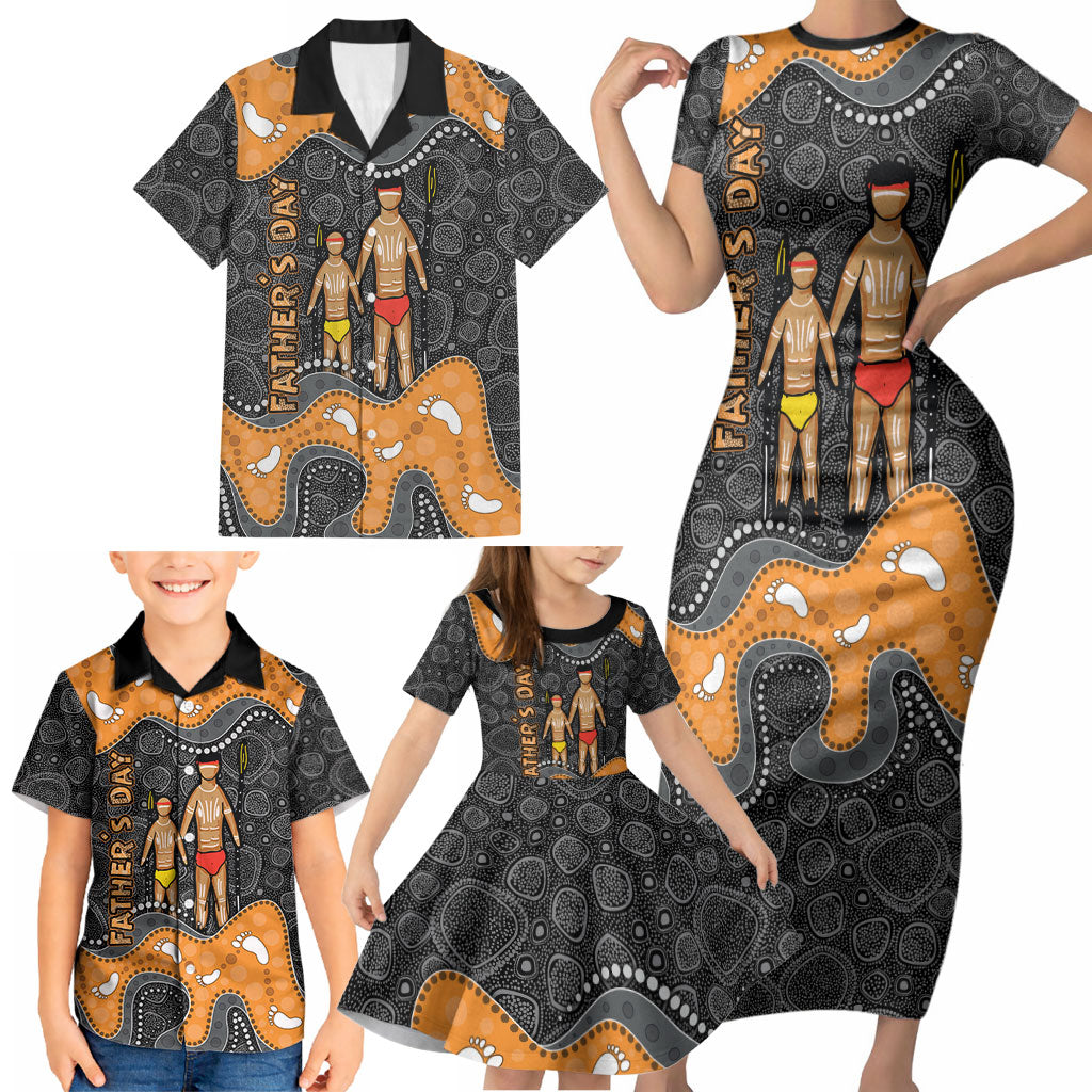 Australia Aboriginal Fathers Day Family Matching Short Sleeve Bodycon Dress and Hawaiian Shirt Indigenous Dot Art - Family Footprint