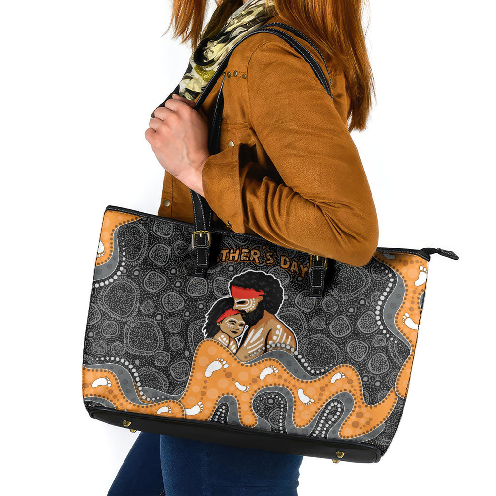 Australia Aboriginal Fathers Day Leather Tote Bag Indigenous Dot Art - Family Footprint