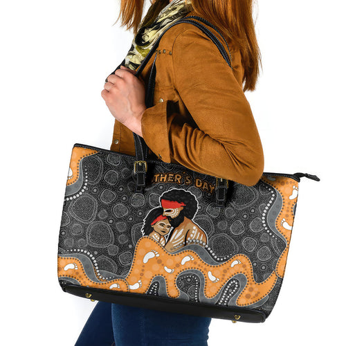 Australia Aboriginal Fathers Day Leather Tote Bag Indigenous Dot Art - Family Footprint