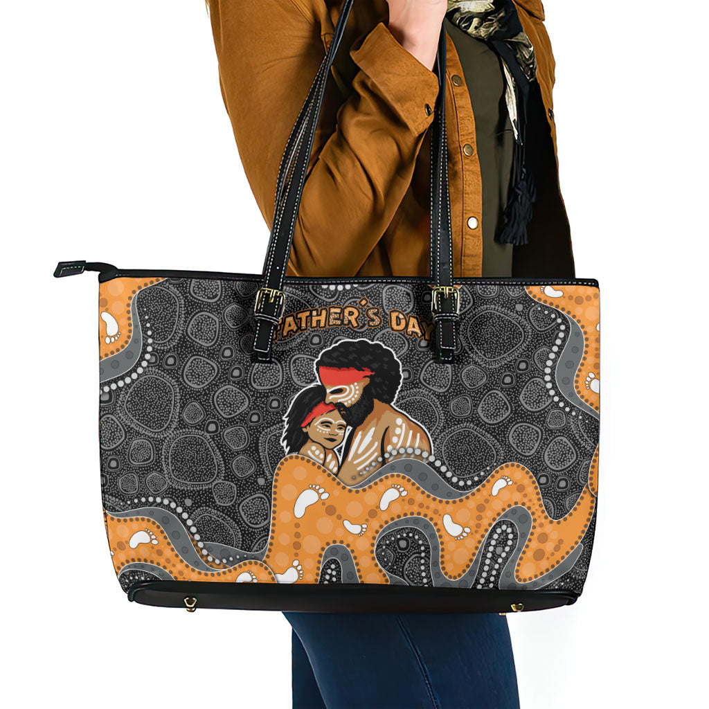 Australia Aboriginal Fathers Day Leather Tote Bag Indigenous Dot Art - Family Footprint