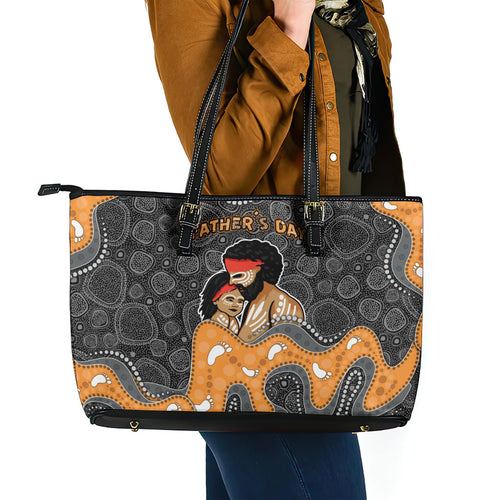 Australia Aboriginal Fathers Day Leather Tote Bag Indigenous Dot Art - Family Footprint