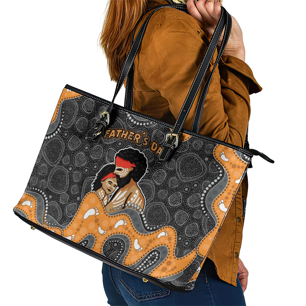 Australia Aboriginal Fathers Day Leather Tote Bag Indigenous Dot Art - Family Footprint