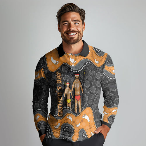 Australia Aboriginal Fathers Day Long Sleeve Polo Shirt Indigenous Dot Art - Family Footprint