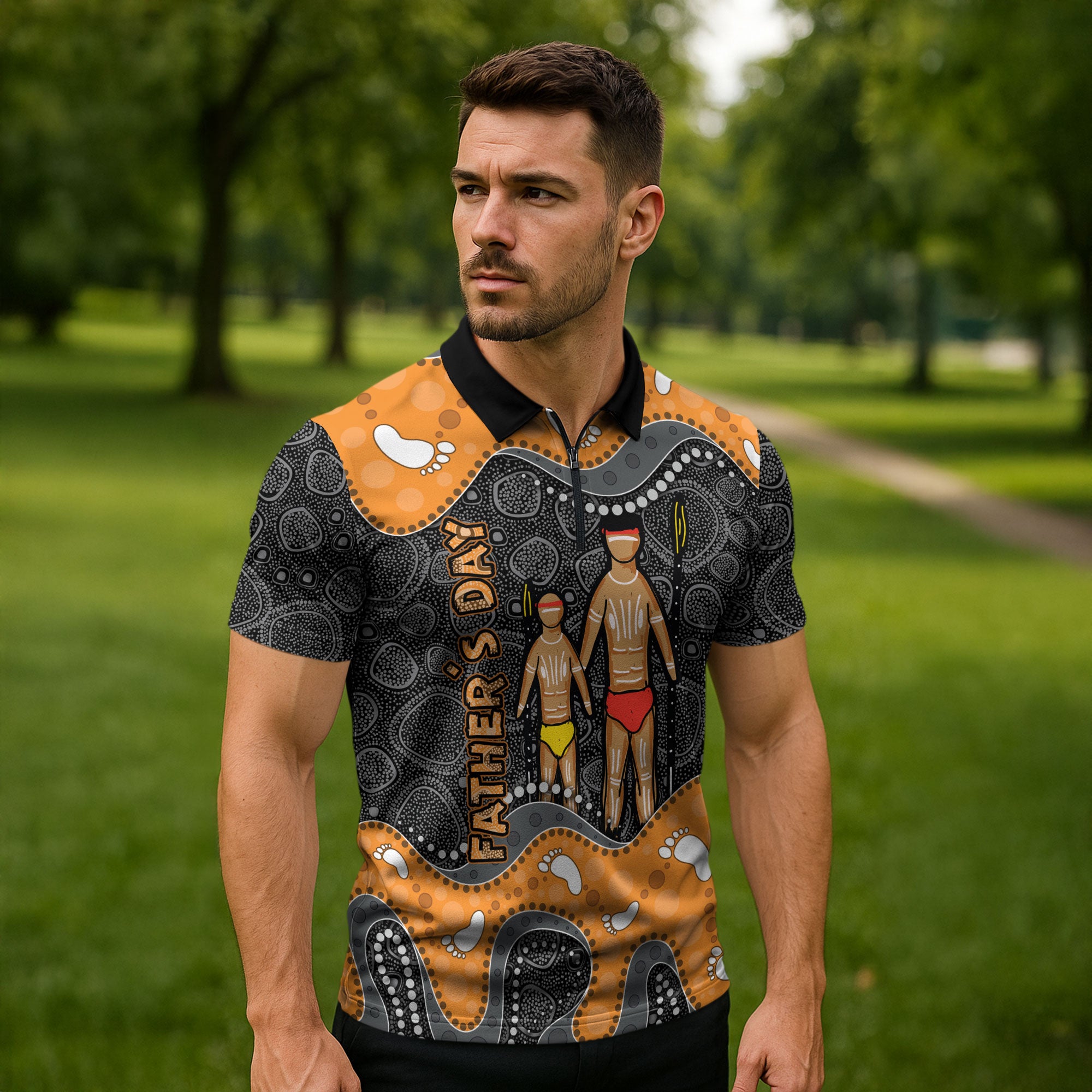 Australia Aboriginal Fathers Day Zipper Polo Shirt Indigenous Dot Art - Family Footprint