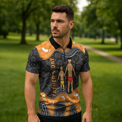 Australia Aboriginal Fathers Day Zipper Polo Shirt Indigenous Dot Art - Family Footprint